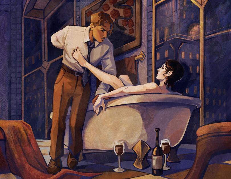 scene - two characters, full body, complex background